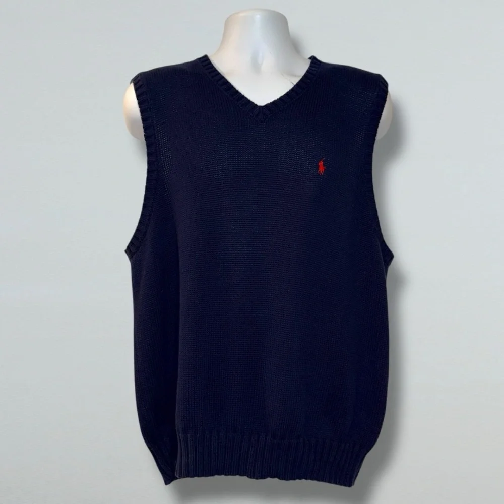 ⭐ POLO RALPH LAUREN 100% Cotton Knit Sweater Vest – Navy Blue, Red Pony –Size XL - Picture 6 of 16